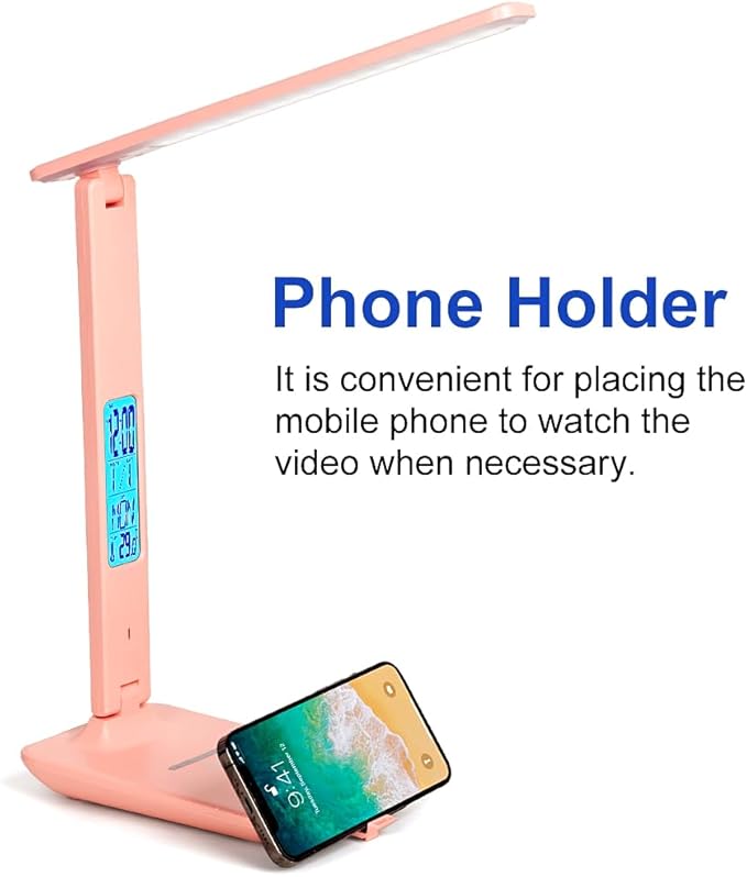 wanjiaone Multifunctional LED Desk Lamp with Wireless Charger,USB Charging Port,Clock,Phone Holder,Desk Lamps for Home Office,Eye-Caring Reading Lamp,Study Lamp for Boys,Girls,Teens,Pink