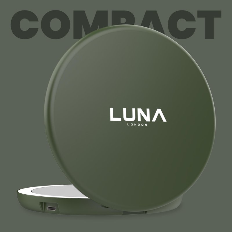 LUNA London Compact Travel Mirror | Travel Makeup Mirror with Light | LED Lighted Vanity Mirror with 3 Light Modes | 7X Magnification Folding Portable & Rechargeable (Forest Green)