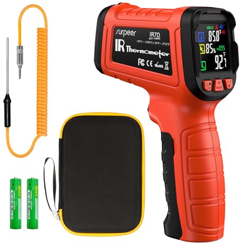 Surpeer -58°F to 2732°F Infrared Thermometer IR Laser Gun 50:1, Digital Temperature Gun/K-Type Probe -4°F~932°F, Humidity Sensor, High-Temp Pyrometer for Kiln, Forge, Furnace, Industrial Use