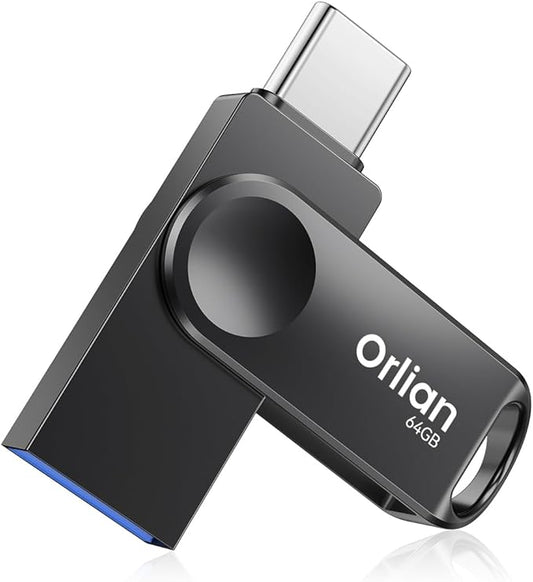 Orlian 64GB USB C Flash Drive Dual USB 3.0 Thumb Drive Type-C & USB-A up to 110MB/S Metal UDP Waterproof Swivel Design Memory Stick for Phone Android Tablet iPhone 15/16/17 Computer PC and More Black