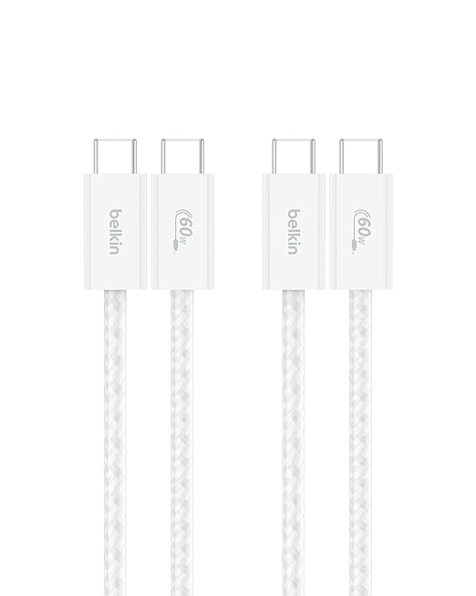 Belkin USB C to USB C Cable 2-Pack, 3.3ft, 60W - Type C Charger, iPhone Charger Cord, Soft, Braided, Flexible for iPhone 17, Galaxy S25, Pixel 10, Airpods, iPad Pro & More, Travel Essentials - White