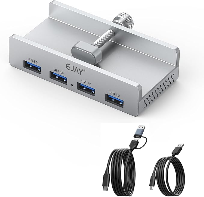 EJAY Clamp USB 3.0 Hub for Desk & Monitor, 4-Port 5Gbps High-Speed Under Desk USB Hub with 59in Extra Long Data Cable, Aluminum Multi Port Splitter for PC, Mac, Laptop, Silver
