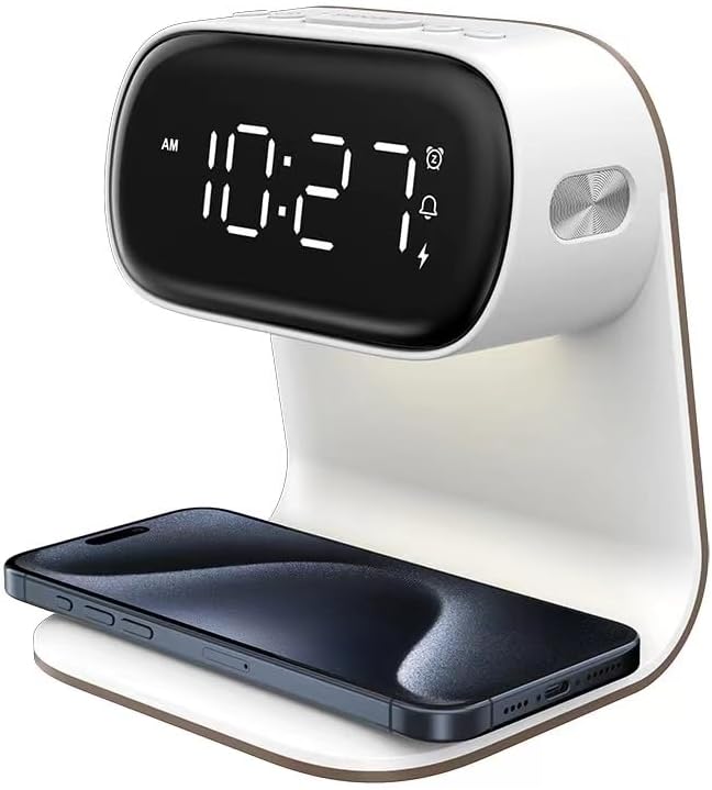 YIDPU Digital Alarm Clock with Wireless Fast Charging Station 15W Touch Smart Lamp for Bedside,3 Colors Nightlight Adjustment Night Lamp for Living Room,Bedside,Heavy Sleepers (White+No Adapter)