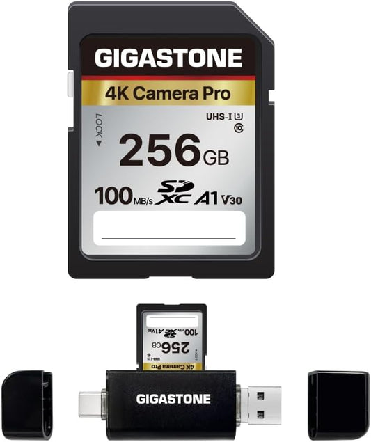 【5-Years Data Recovery】 GIGASTONE 256GB SD Card with USB Type C Card Reader, 4K Camera Pro, UHS-I A1 V30 U3 SDXC Memory Card Compatible with Digital Camera, with 1 mini case