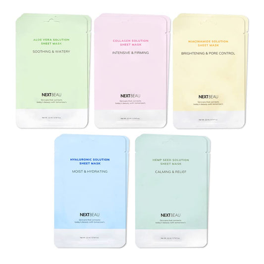 NEXTBEAU Korean Facial Sheet Mask Variety Pack - 10 Count (5 Types x 2 Sheets) for Daily Skincare