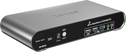 Terived 2 Computers 2 HDMI Monitor Automatic KVM Switch 8K@60Hz, Hotkey Switching, EDID, Support 5.1/7.1 Audio and Microphone, Aluminum Shell with Digital Display, USB 3.0 Hub, HDR10 with Cables