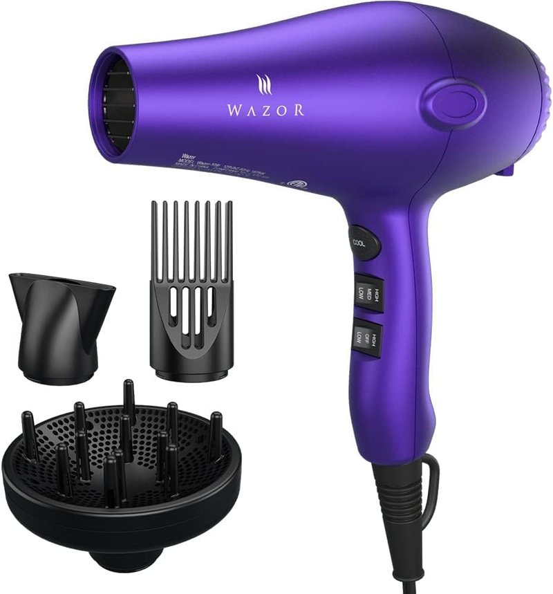 Wazor Lightweight Hair Dryer - 1875W Ionic Blow Dryer with Diffuser | 2 Speed, 3 Heat Settings, Purple
