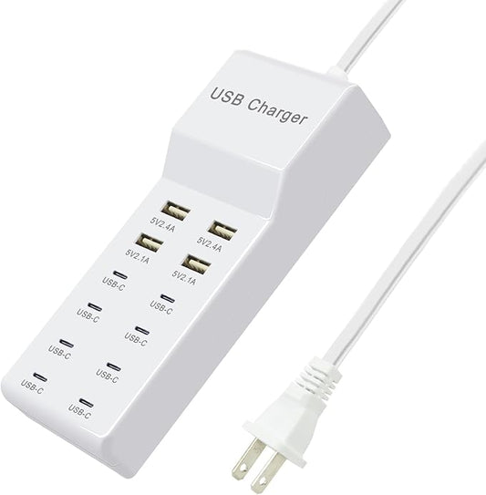 USB Charging Station - Fast Charger for iPhone 15/14, Samsung Galaxy, iPad and Tablets - Desktop Home USB Charger Hub with UL Certification and Safety Travel Protection White