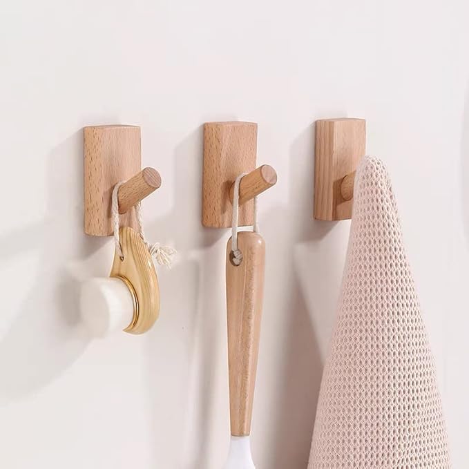 HomeDo Wall Hooks Hat Rack, Wooden Coat Hooks Wall Mounted, Decorative Hooks Single Organizer Hat Hanger Towel Rack, Heavy Duty Hooks (Rectangle-Beech,8P)