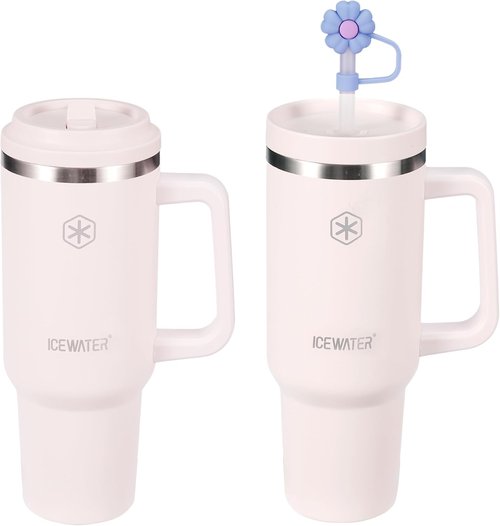 ICEWATER 40 oz Insulated Tumbler - 100% Leak Proof with 2 Lids & Handle | Rose Quartz Color