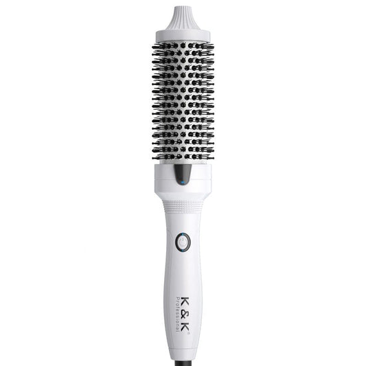 K&K Blowout Boost Thermal Brush, 1.5 inch Heated Round Brush for Blowout Look, Negative Ion Technology, Ceramic Tourmaline, Dual Voltage, White