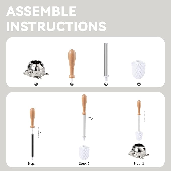 Toilet Brush and Holder Set, Ceramic Turtle Base Toilet Brush Set - 7.5â Bowl Cleaner, Toilet Scrubber Brush with Ergonomic Handle (Silver)