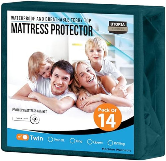 Utopia Bedding Waterproof Mattress Protector Twin Size (Pack of 14), Premium Terry Mattress Cover 200 GSM, Breathable, Fitted Style with Stretchable Pockets (Teal)