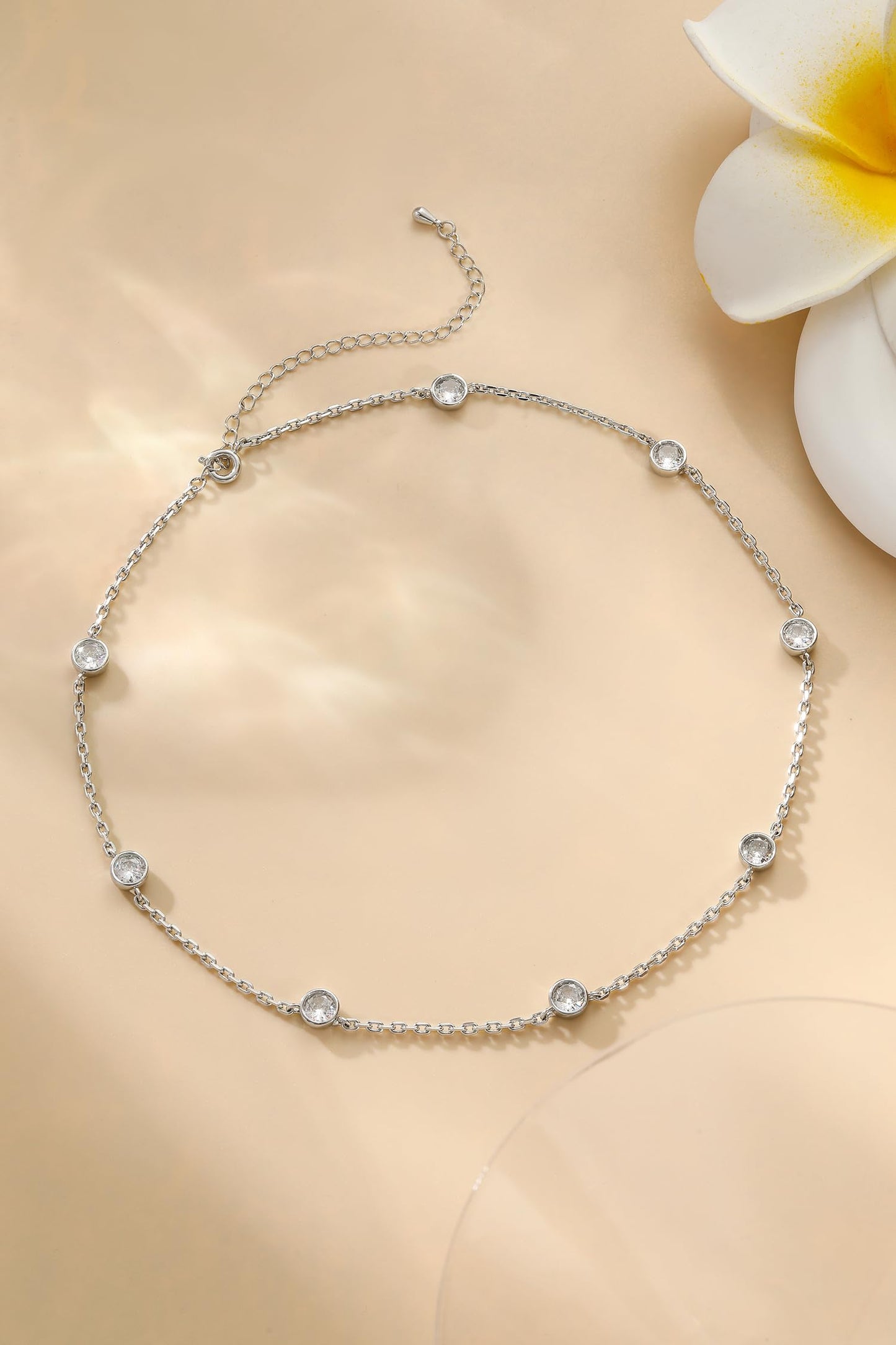 LecAit Silver Station Necklace for Women | CZ Diamond Choker Necklaces Gold | Simulated Diamond BTY Necklace | Silver Cubic Zirconia Chain Choker Necklaces for Women