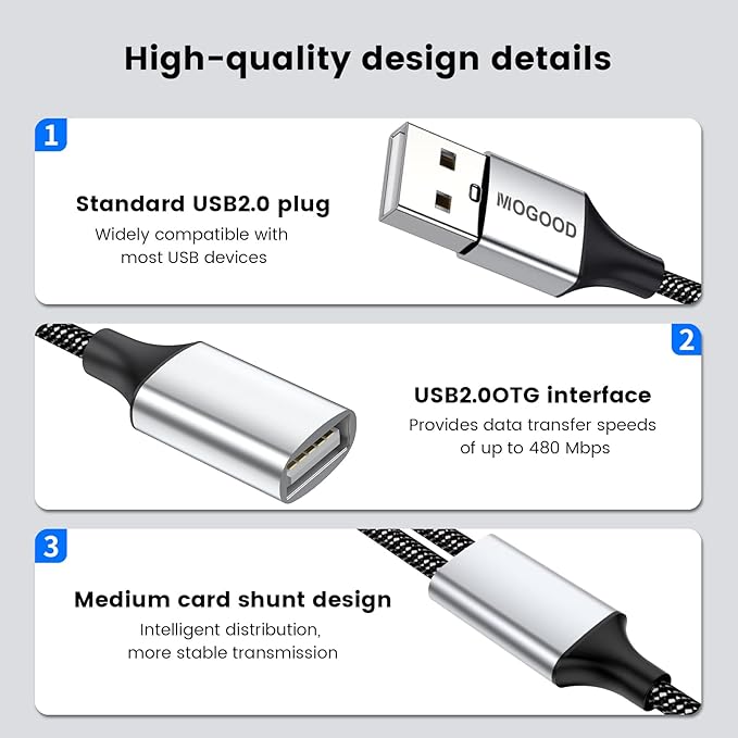 MOGOOD USB Splitter Cable, 1m USB A Male to 2 Female Y-Cable – Braided, Durable, Fast Data Transfer for Printer, Keyboard, Mouse, Flash Drive, LED Lights, PlayStation – Plug & Play