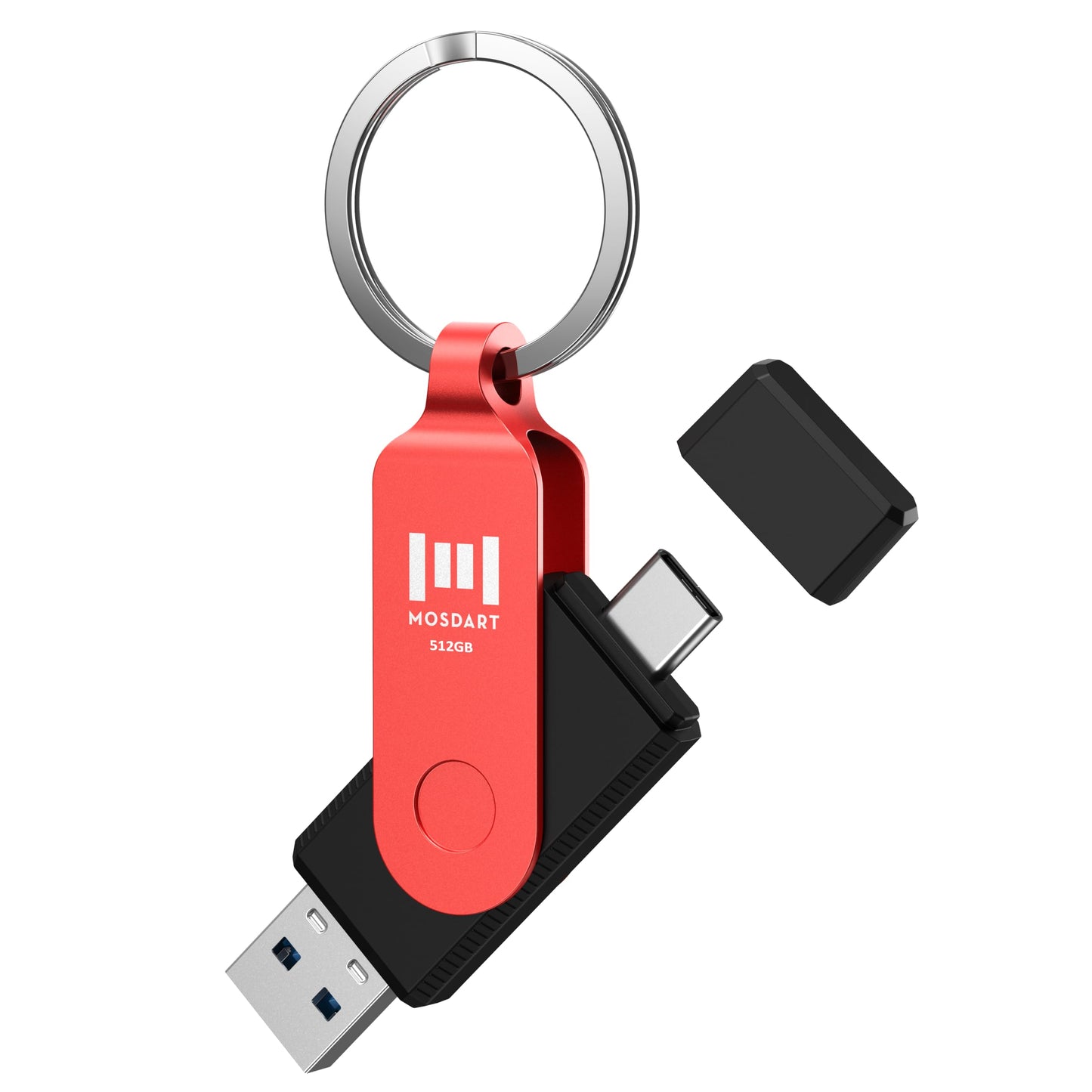MOSDART 512GB USB C 3.2 Fast Speed C and A Dual Flash Drive, exFAT Memory Stick with Keychain and LED Indicator, for iPhone 15,16,17, Android Phone, iPad, MacBook, and Other Laptops, Red