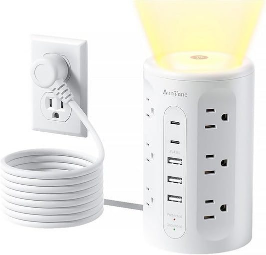 AnnTane Power Strip Tower with Night Light, 15W Surge Protector Power Strip with USB Ports, 10 FT Extension Cord with Multiple Outlets (12AC+3A+2C) for Home Office Desk DormRoom (White)