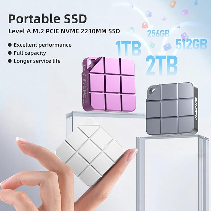 MAIWO 2TB Portable External Solid State Drive Build-in M.2 2230 PCIe NVMe SSD, USB C 3.2 Up to 1050MB/s, Mini Cute PSSD for iPhone 15 16 17 Pro Max MacBook Pro Air, Aluminum (Silver)