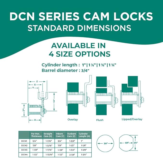 Olympus Lock DCN2 Rekeyable Cam Lock | 1-1/8" Cylinder KD Key, Keyed Different | US26D Chrome Cabinet Lock | Grade 1 | Reversible for Doors & Drawers