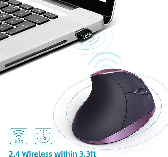 Woddlffy Ergonomic Mouse Wireless,Vertical Mouse with Silent Click Right Handed Small Mouses with 6 Buttons 1000/1200/1600 for Laptop,Desktop,PC, MacBook（Purple AA）