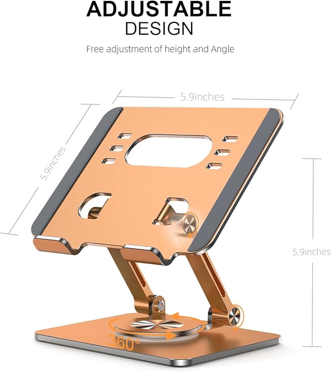 Orlian Tablet Stand Holder with Thickened 360°Rotating Base Dual Rod Adjustable Aluminum Stand for All 5.8-12.9” iPad Samsung Phone Tablet Kindle E-Reader and More, Gold