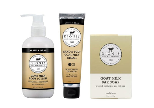 Dionis Goat Milk Skincare Vanilla Bean Scented Lotion 8.5oz, Hand & Body Cream 3.3oz and Bar Soap 6oz Bundle