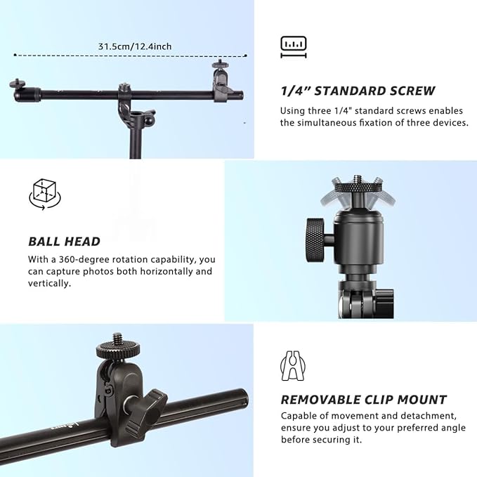 Phone Tripod, Arsoer 67" Adjustable Height Tripod with Horizontal Column and Removable Clip Mount for Overhead Shot, 360° Rotation Stand with Wireless Remote/Carry Bag