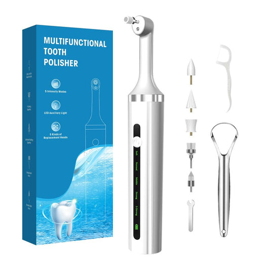 Plaque or Electric Tartar Polishing Teeth Kit with LED Light 5 Speed Modes with 5 Replacement Brush Heads (White)