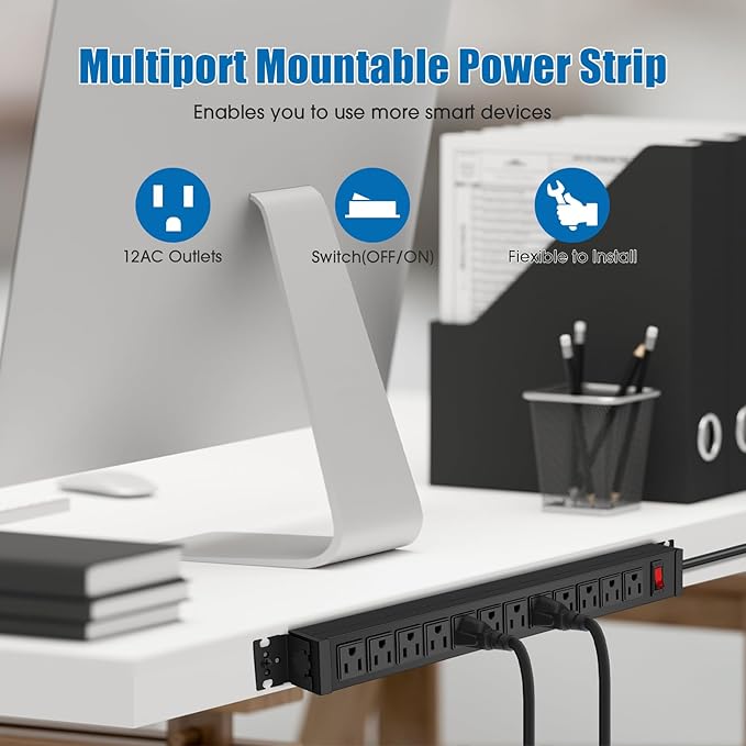 HHSOET 2 Pack Rotating Mountable Power Strip, 12 Outlet Wall Mount Surge Protector,1200J, Metal Heavy Duty and Versatile Outlet Strip, Stylish Appearance, Sturdy and Durable, 6ft Power Cord.(Black)