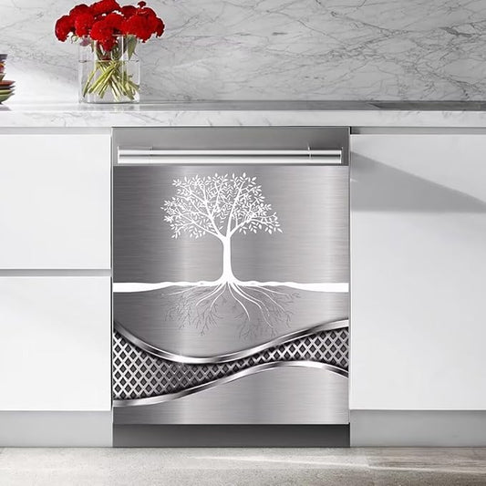 Stainless Steel Design Tree Painting Magnet Dishwasher Cover Sticker,Kitchen Decor Refrigerator Magnets Decorative Fridge Magnetic Decal Vinyl Panel 23Wx17H inch