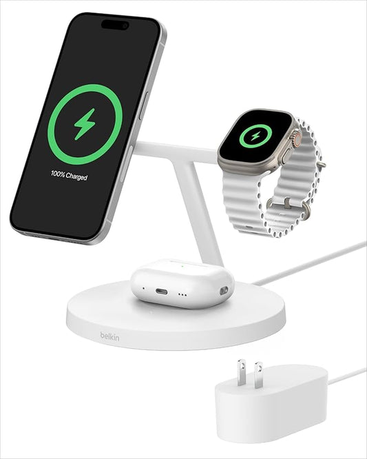 Belkin MagSafe-Compatible iPhone Charger, 3-in-1 Wireless Charging Station, Qi2-Certified 15W Wireless Charge for Apple iPhone 17 Series, Apple Watch, AirPods w/Non-Slip Base, 40W Included - White