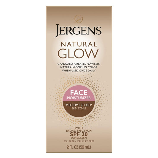 Jergens Natural Glow Self Tanner Face Moisturizer with SPF 20 Facial Sunscreen, Medium to Deep Skin Tone, Sunless Tanning, Oil Free, Broad Spectrum Protection UVA and UVB, 2 oz (Packaging May Vary)