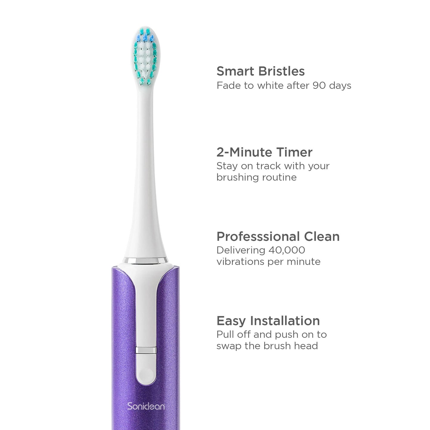 Soniclean Lux Sonic Toothbrush for Adults with 6 Toothbrush Heads, Rechargeable, Automatic, Purple