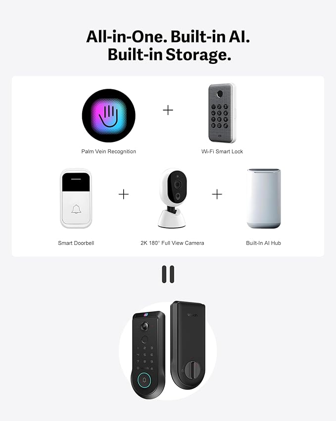 Lockin Venoris Pro - All-in-One Smart Lock for Front Door - Palm Vein & Fingerprint Keyless Entry - 2K 180° Video, WiFi, Motion Sensor, 32GB Storage - No Monthly Fee