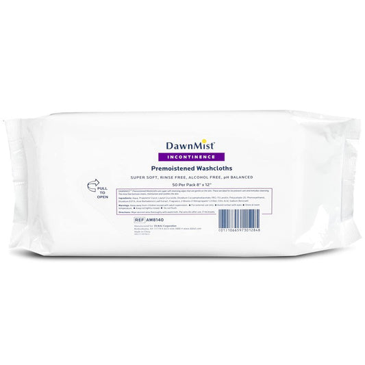 Dukal Dawn Mist Pre-Moistened Adult Wash Cloth, Non-Sterile, Soft Pack, 8" W x 12" L (50 Packs of 12) (Pack of 600)
