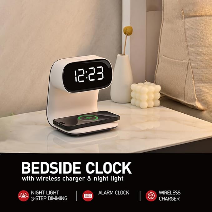 YIDPU Digital Alarm Clock with Wireless Fast Charging Station 15W Touch Smart Lamp for Bedside,3 Colors Nightlight Adjustment Night Lamp for Living Room,Bedside,Heavy Sleepers (White+No Adapter)