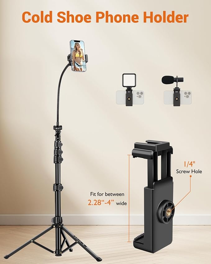 Phone Tripod, 85" Tall Tripod for iPhone with Remote, Gooseneck and Phone Holder, Overhead Phone Stand for Video Recording Watching Cooking Fitness Vlog, Compatible with iPhone Android, Black