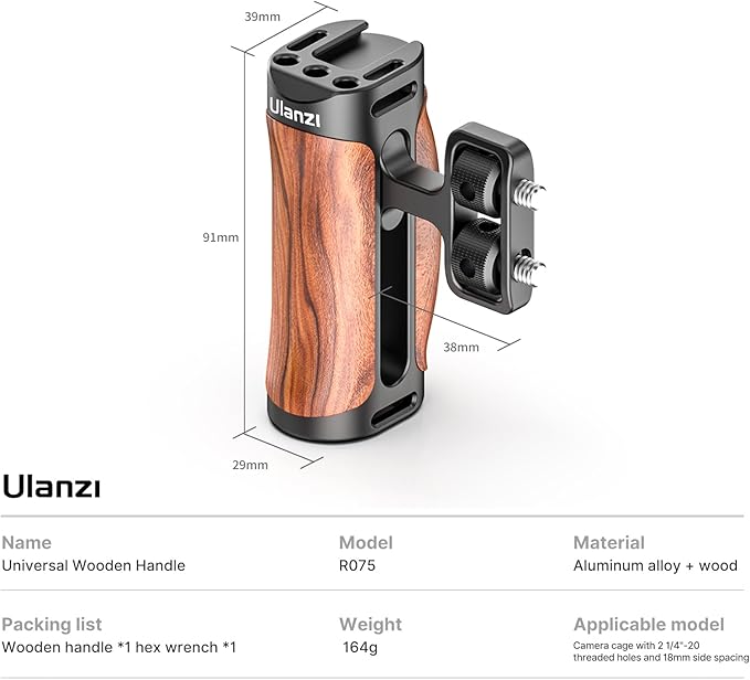 ULANZI R075 Wooden Camera Side Handle,Left & Right Dual Grip with 1/4"-20 + Cold Shoe,Walnut Wood Video Rig Compatible With Mirrorless A7 IV A6700,Canon R6 R50,Run-and-Gun Vlog & Smartphone Cage Mount
