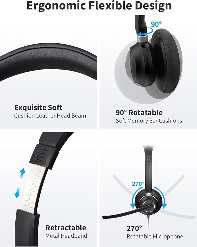 JabNecter Wired Headphones with Microphone for PC, On-Ear Computer Laptop USB Headset with Noise Cancelling Microphone in-line Control for Home Office Online Class Skype Zoom, (3.5mm + USB)