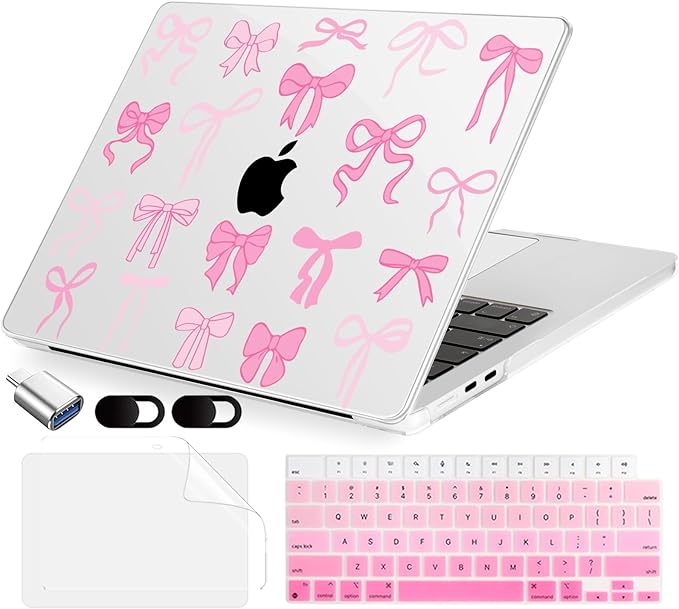 MecBevia Compatible with 2026 M5 MacBook Air 15 inch Case, 2026 2025-2023 M5 A3448 M4 A3241 M3 A3114 M2 A2941, Keyboard Cover, Screen Protector, Webcam Cover & Type-C OTG, Pink Bows