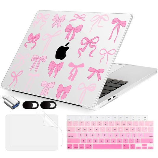MecBevia Compatible with 2026 M5 MacBook Air 15 inch Case, 2026 2025-2023 M5 A3448 M4 A3241 M3 A3114 M2 A2941, Keyboard Cover, Screen Protector, Webcam Cover & Type-C OTG, Pink Bows