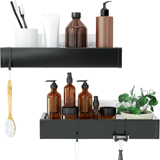 Skiennix Shower Caddy - Adhesive Organizer with Hooks | No-Drill Storage for Bathroom & Kitchen - 2 Pack Black