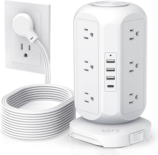 15 ft Long Extension Cord Power Strip Tower,AOFO Power Strip 12 AC Outlets 4 USB(1 USB C) Ports, Charging Tower Overload Protection with Multiple Outlets for Home Dorm Office