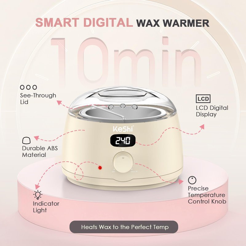 KeShi Waxing Kit for Women and Men, Digital Wax Warmer with 6 Bags Hard Wax Beads, at-Home Hair Removal Wax Kit for Full Body, Face, Eyebrow, Bikini, Legs, Brazilian & Sensitive Skin(Silky Cream)