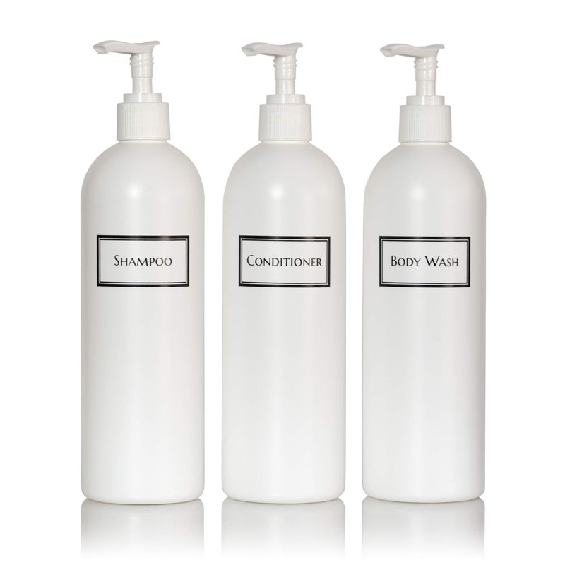 Artanis Home Silkscreened Empty Shower Bottle Set for Shampoo, Conditioner, and Body Wash, Cosmo/Bullet 16 oz 3-Pack, White (White Pumps)