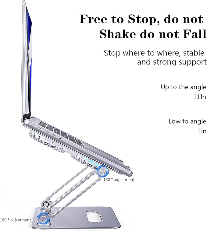 Eiyikof Adjustable Laptop Stand Laptop Cooling Pad with Fan USB Hub Compatible with 10 to 15 Inches Notebook Computer, Ergonomic Computer Riser for Desk, Aluminum Alloy Laptop Radiator-Silver