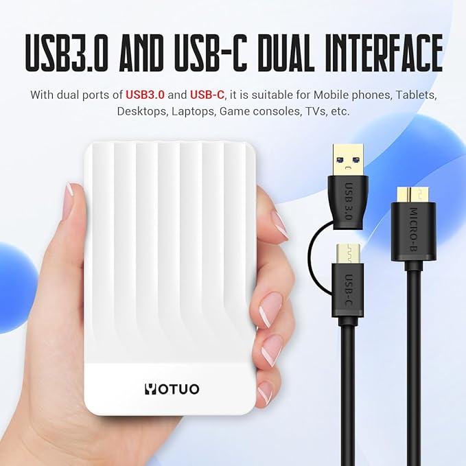 YOTUO 750GB External Hard Drive, Portable Storage Expansion HDD, USB 3.0 & USB-C for PC, Mac, Desktop, Laptop, Smartphone, PS4, Xbox One, Xbox 360, Office & Game, White