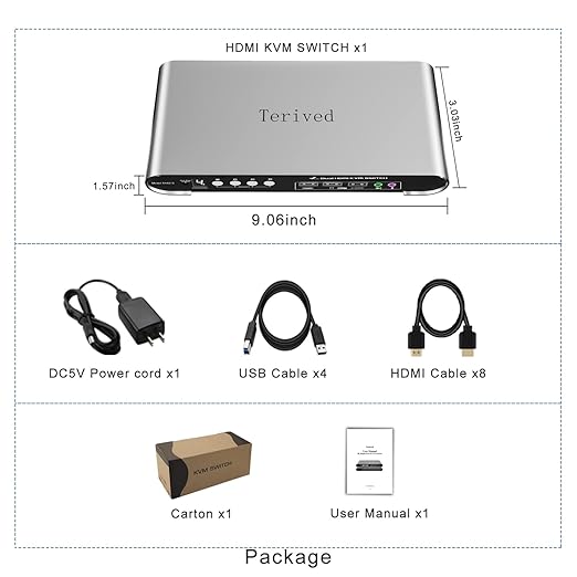 Terived 4 Computers 2 Monitors USB 3.0 HDMI KVM Switch 4K@60Hz with Hotkey Switching, Automatic Switching 4 Port Dual Monitor, Aluminum, Digital Display, USB 3.0 Audio/Mic, EDID, HDR10 with Cables
