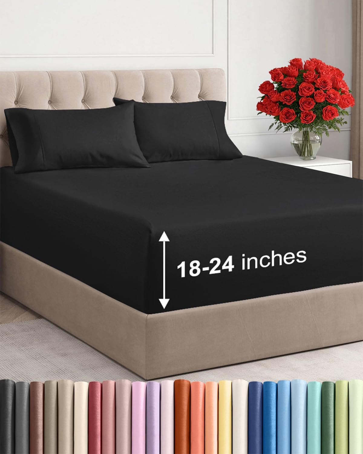 Skiennix Extra Deep Twin XL Sheet Set | 4-Piece Breathable Cooling Bedding - Soft, Wrinkle-Free, Black
