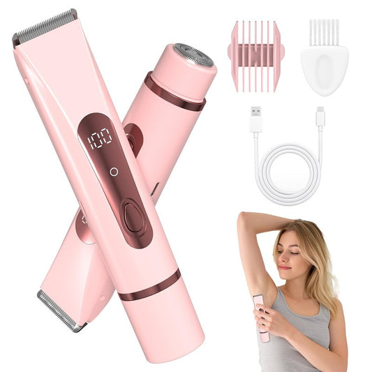 Bikini Trimmer for Women – Dual Head Electric Razor for Bikini, Underarm, Leg & Facial Hair, Painless Ceramic Blade, IPX7 Waterproof, Pink